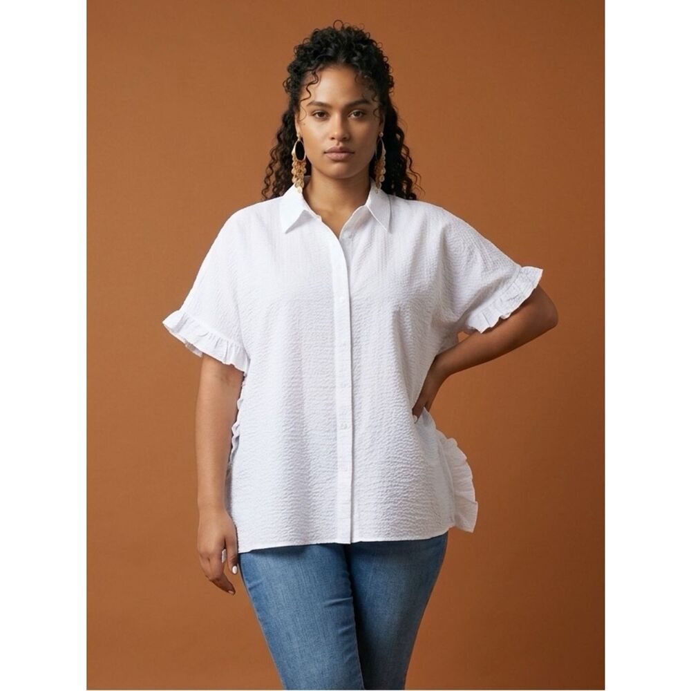 NWT Harshman Women’s Darcy White Seersucker Ruffle Blouse Top Oversized- Size 2X